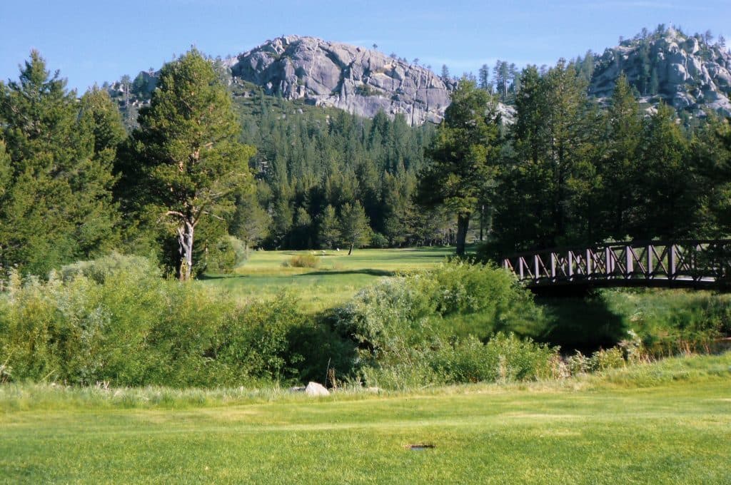 Wide fairway at Lake Tahoe Golf Course with Sierra Nevada backdrop Wide fairway at Lake Tahoe Golf Course with Sierra Nevada backdrop