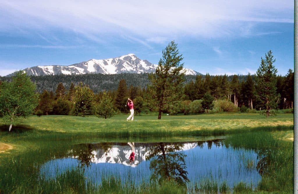 Evening view of green by pond at Lake Tahoe Golf Course Evening view of green by pond at Lake Tahoe Golf Course
