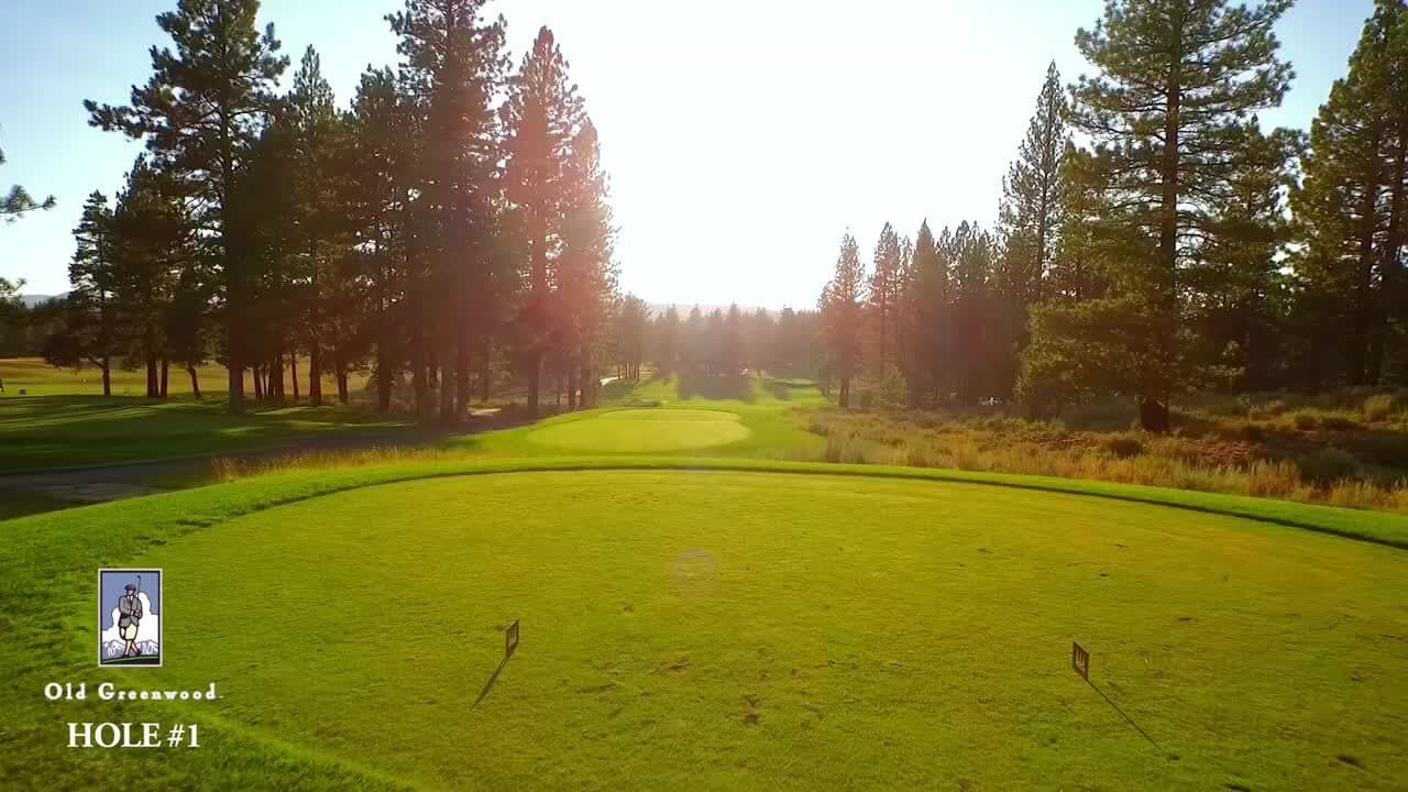 Hole 1 at Old Greenwood — opening fairway lined with Sierra Nevada pines Hole 1 at Old Greenwood — opening fairway lined with Sierra Nevada pines