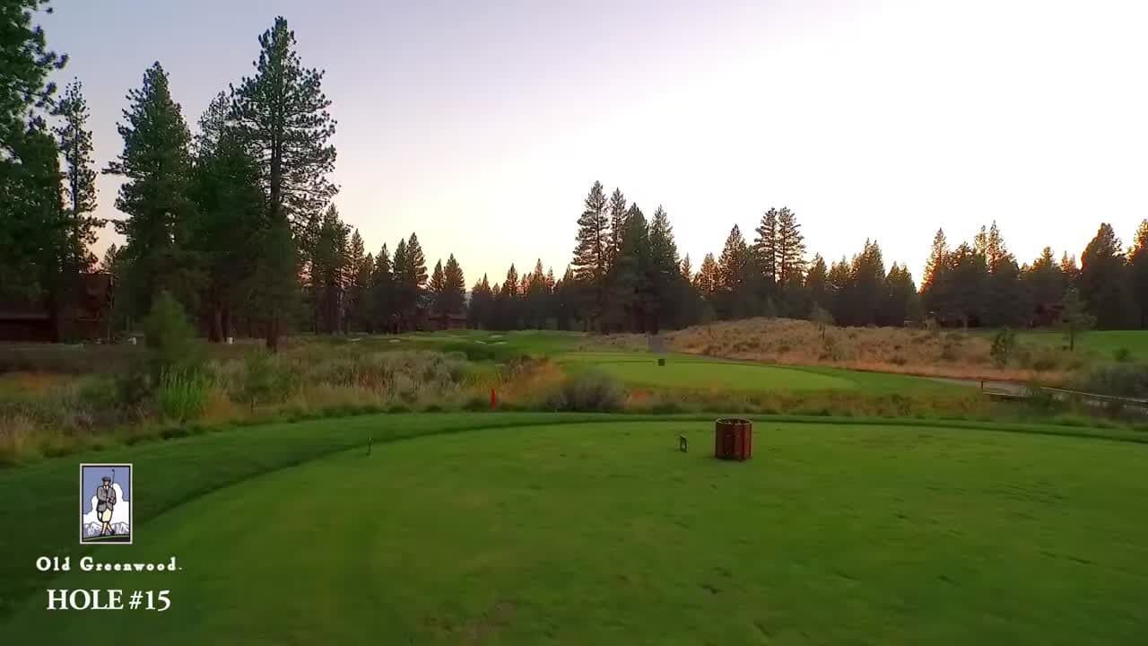 Hole 15 at Old Greenwood — Sierra pines framing the dogleg fairway Hole 15 at Old Greenwood — Sierra pines framing the dogleg fairway