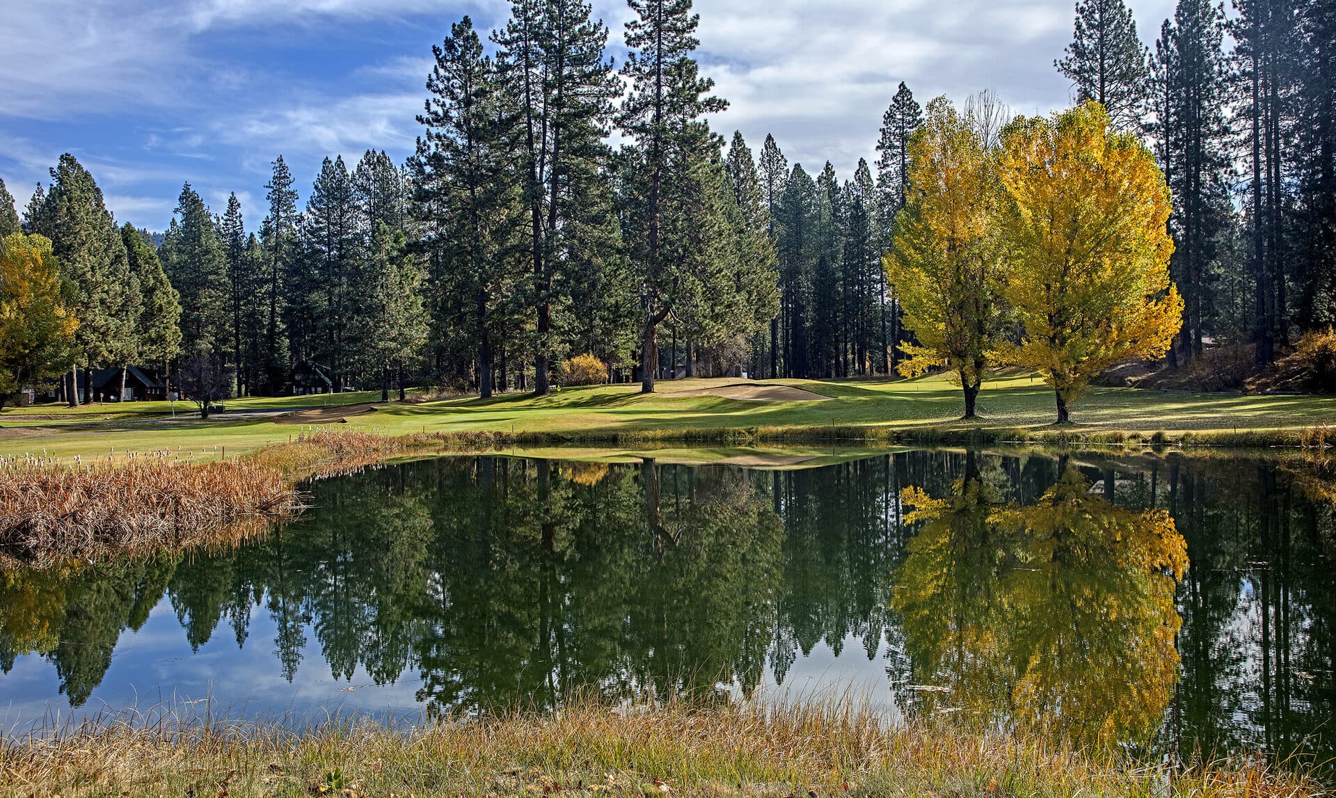 Plumas Pines Golf Resort 6th fairway — water hazard with autumn pine backdrop Plumas Pines Golf Resort 6th fairway — water hazard with autumn pine backdrop