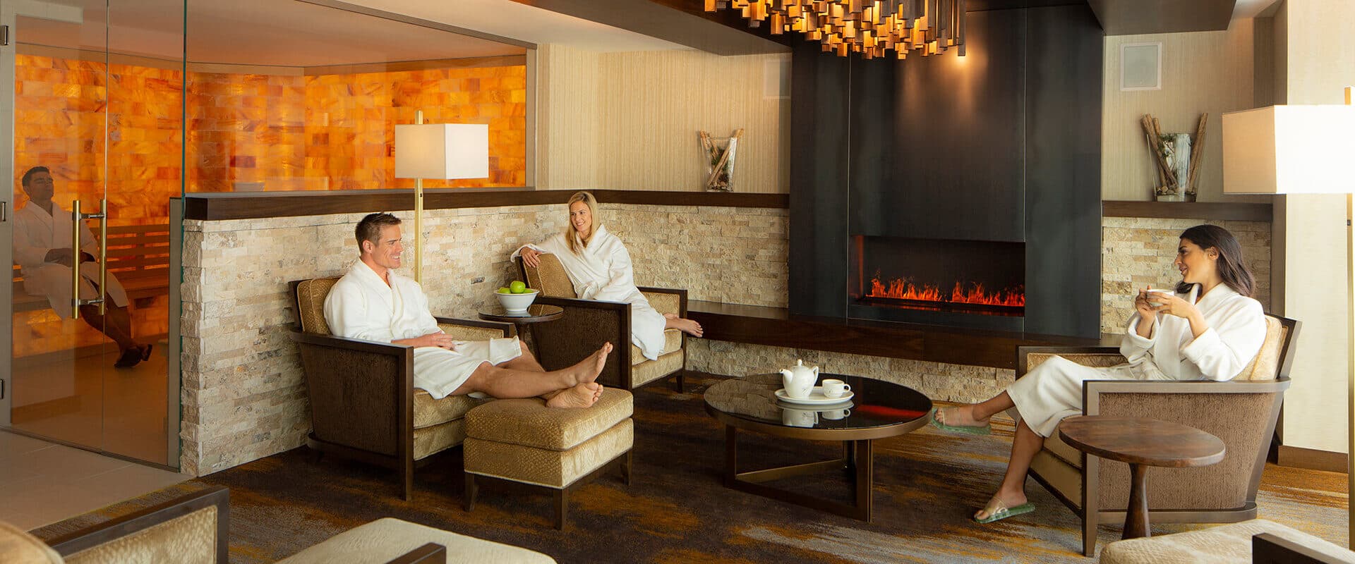 Silver Legacy spa lobby with fireplace