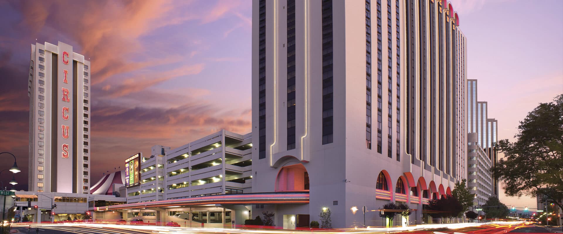 Circus Circus Reno exterior at sunset showing full tower complex