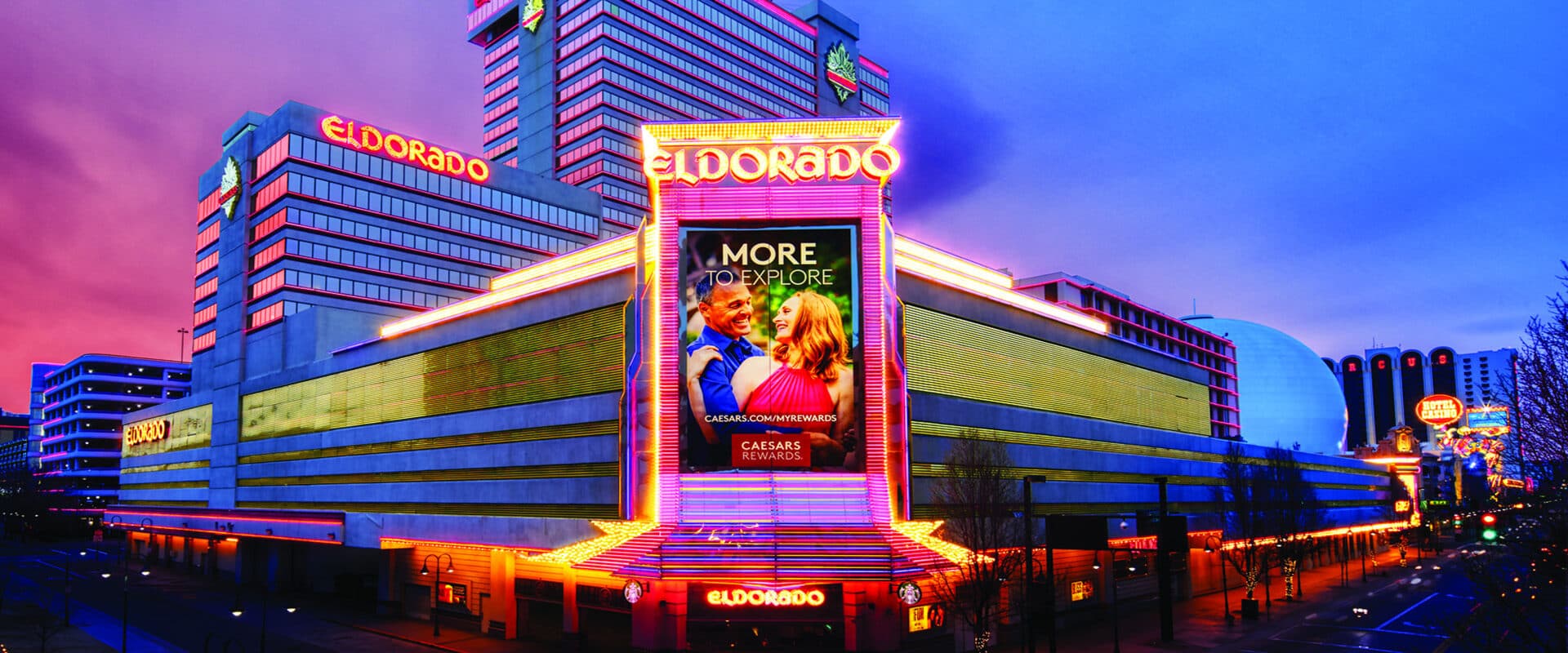Eldorado Resort Casino Reno exterior at sunset with iconic signage
