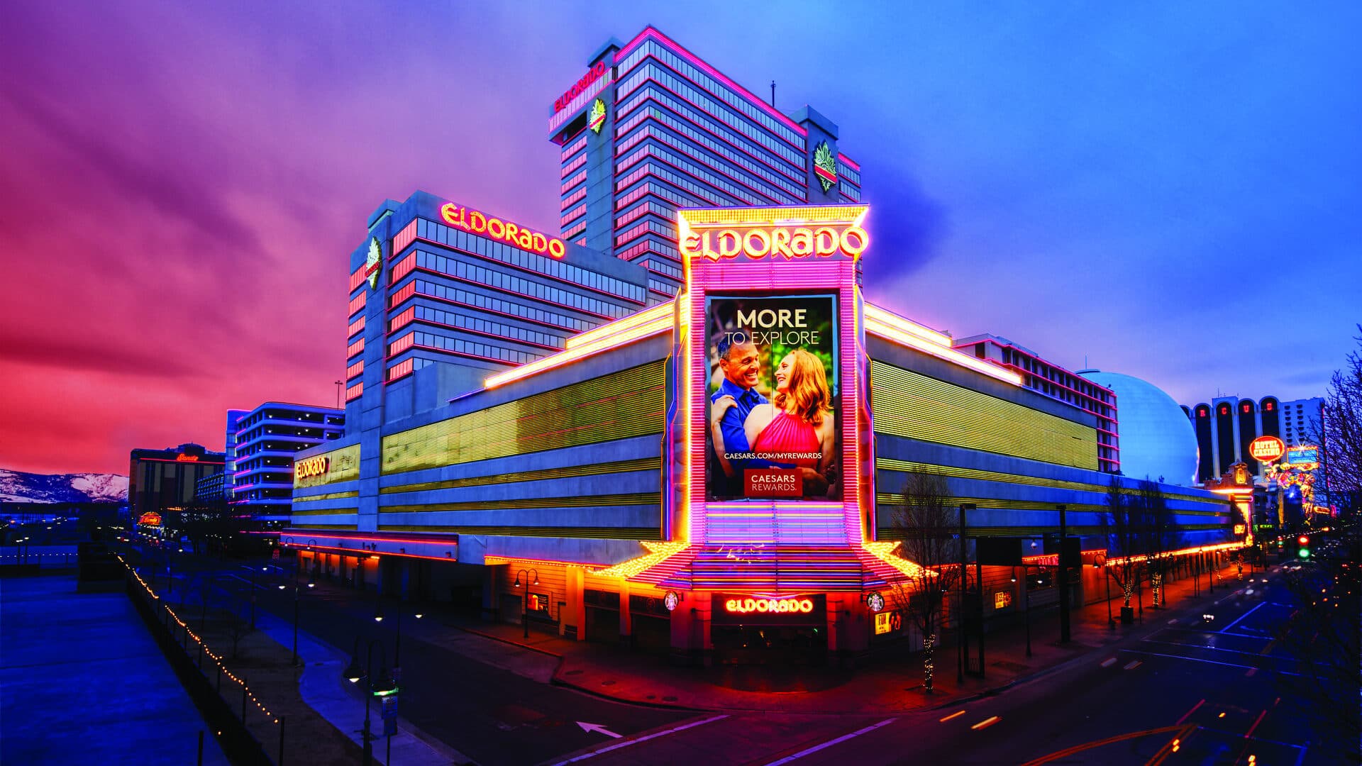 Eldorado Resort Casino Reno — iconic neon-lit exterior at dusk, part of The Row Reno Eldorado Resort Casino Reno — iconic neon-lit exterior at dusk, part of The Row Reno