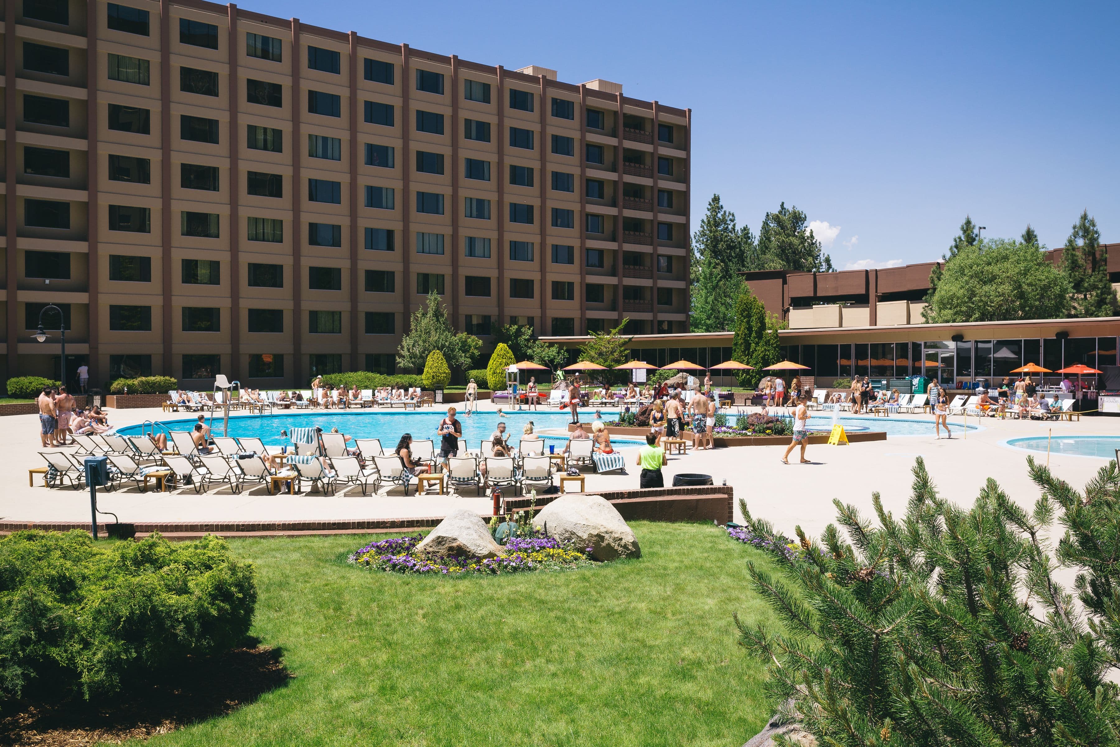 Golden Nugget Hotel Lake Tahoe outdoor pool with hotel building backdrop, Stateline NV
