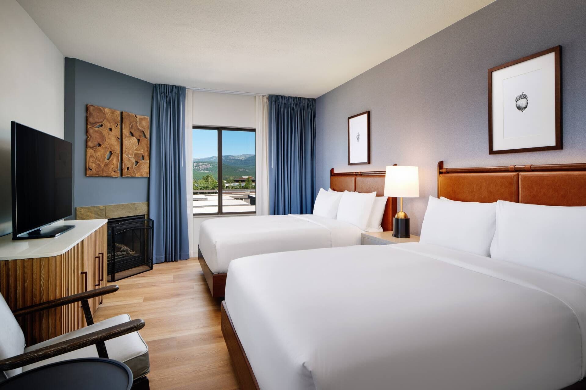 Queen double guest bedroom with fireplace at Martis Valley Lodge Truckee