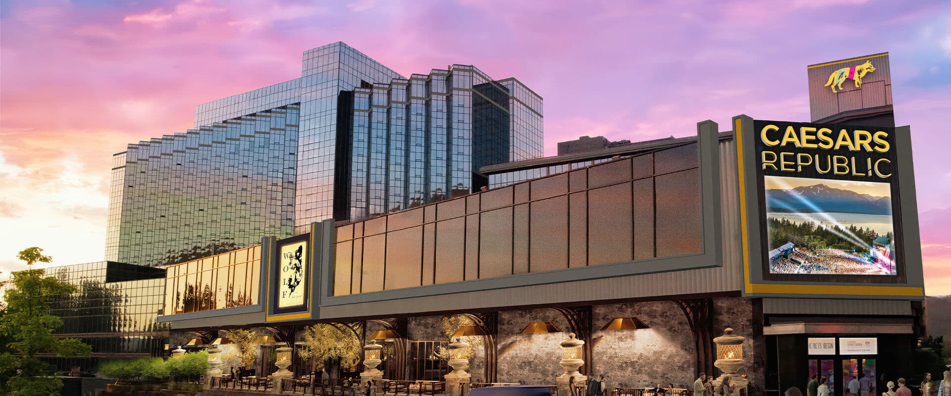 Caesars Republic Lake Tahoe tower south view at dusk with signature neon signage