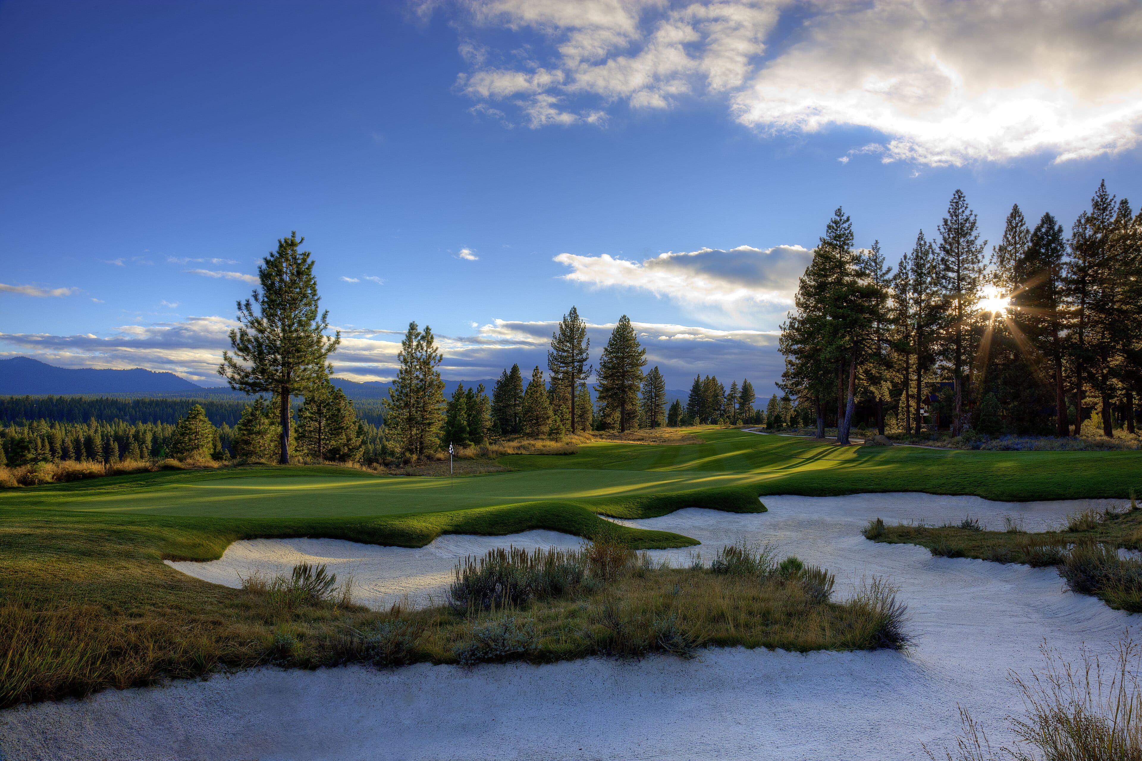 Old Greenwood Golf Course fairway with Sierra Nevada mountain backdrop, Truckee CA